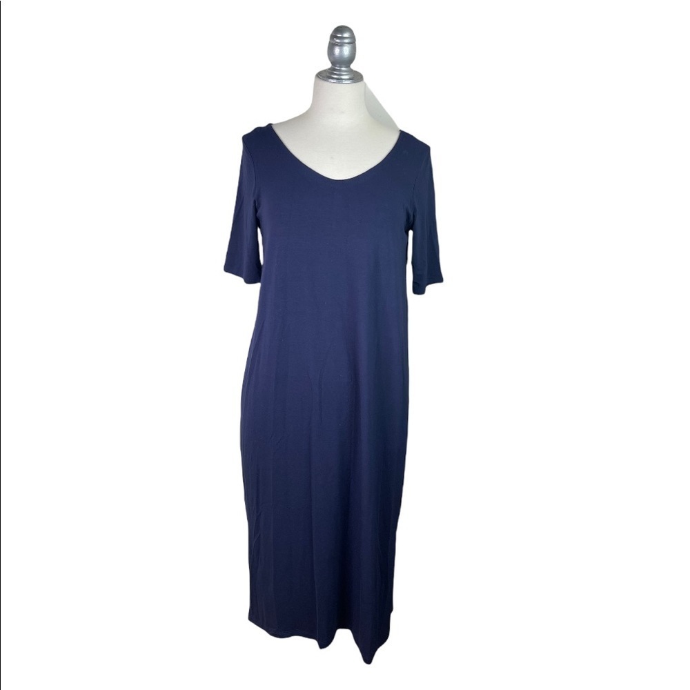 Eileen Fisher Navy Scoop Neck Slit Hem Simple Viscose Jersey Stretchy Dress S/P